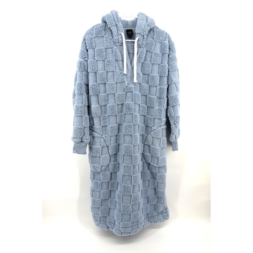 Cuddl Duds Plush Hooded Midi Lounger Robe Blue Square Women S Fleece Cozy Soft